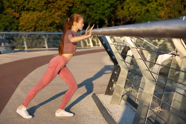 Pretty Redhead Fitness Woman Doing Stretching Workout Bridge Space Text — Stock Photo, Image