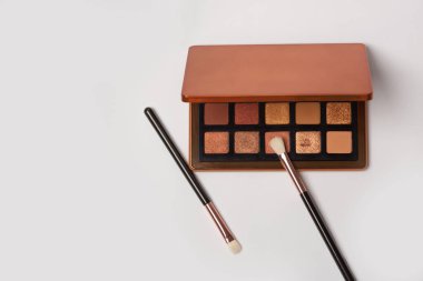Set of bronze eye shadows palette with cosmetic brushes on a white background. Space for text
