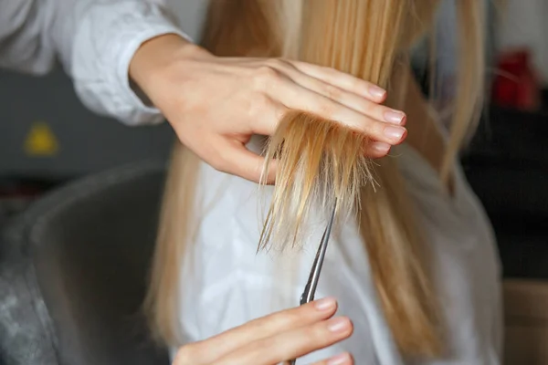 Mujer Peluquera Cortando Pelo Rubio Del Cliente Después Morir Primer —  Fotos de Stock