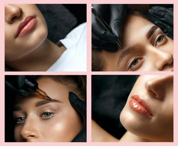Collage Maquillaje Permanente Fotos Primer Plano Del Proceso Aplicación Maquillaje — Vector de stock