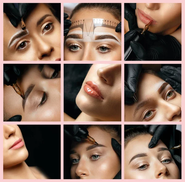 永久的な化粧コラージュ 永久的な化粧を適用するプロセスのクローズアップ写真 — ストックベクタ