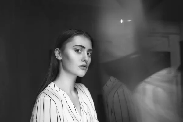 Monochrome Interior Shot Sad Fashionable Brunette Woman Wears Stylish Outfit — Stock Photo, Image