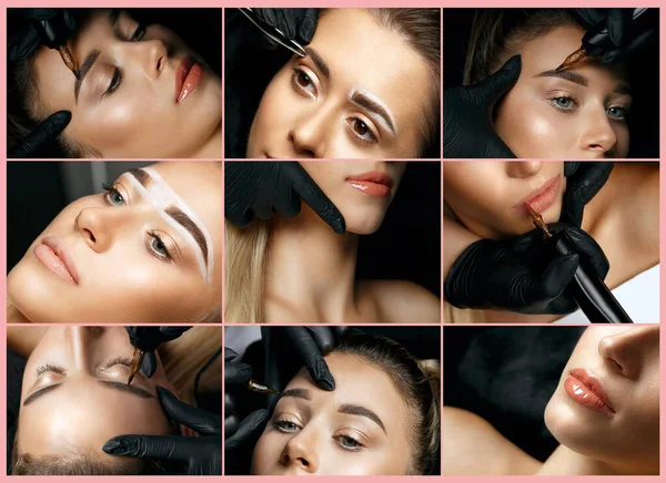 Permanent Makeup Collage Closeup Photos Process Applying Permanent Makeup — Stock Photo, Image