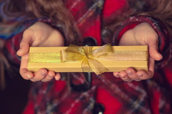 Woman Hands Holding Rectangle Yellow Gift Box Bow Street Evening — Stock Photo, Image