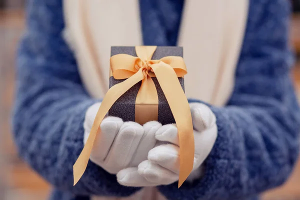 Woman Dressed Blue Winter Coat Holding Gift Box Silk Ribbon — Stock Photo, Image
