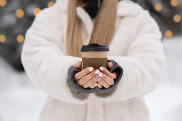 Young Woman Holding Coffee Cup Street Winter — Stock Photo, Image