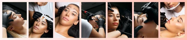 Beautician Applying Pigment Female Brows Closeup Photos Work Process Collage — Stock Photo, Image