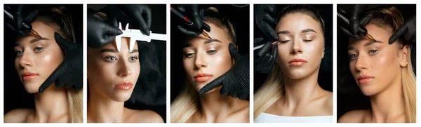 Collage Shots Pretty Woman Having Permanent Brow Procedure Beauty Salon — Stock Photo, Image