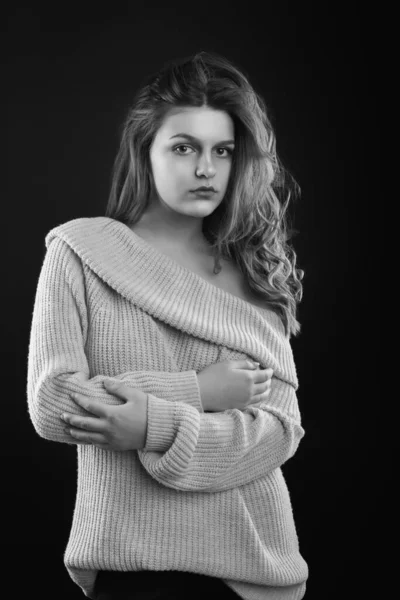 Amazing Brunette Woman Long Curly Hair Wears Knitted Sweater Naked — Stock Photo, Image