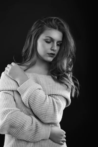 Worried Brunette Woman Long Curly Hair Wears Knitted Sweater Naked — Stock Photo, Image