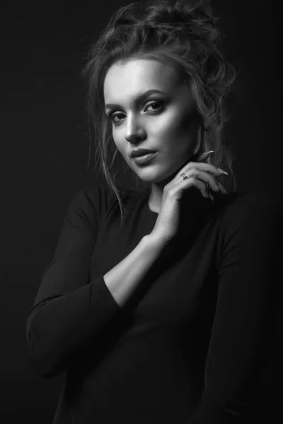 Dramatic Portrait Fashionable Young Woman Wears Black Dress Posing Dark — Stock Photo, Image