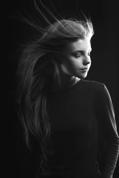 Studio Monochrome Portrait Magnificent Blond Woman Wears Black Dress Posing Stock Photo