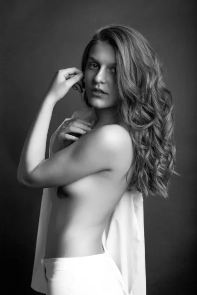 Tender Young Model Wears White Men Shirt Posing Naked Shoulders — Stock Photo, Image