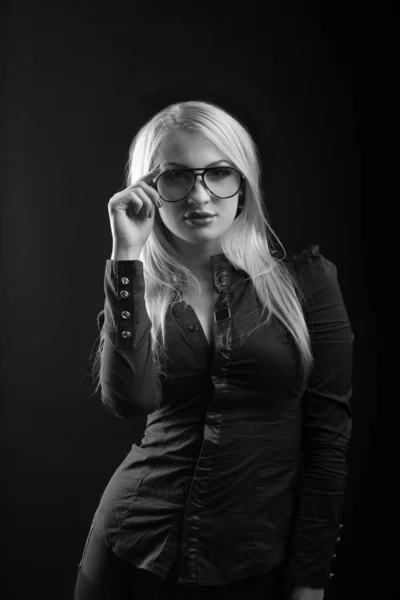 Adorable Blond Woman Long Hair Wears Glasses Blouse Posing Studio — Stock Photo, Image