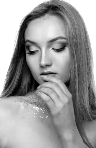Closeup Beauty Shot Seductive Blond Model Posing Professional Makeup Glitter — Stock Photo, Image