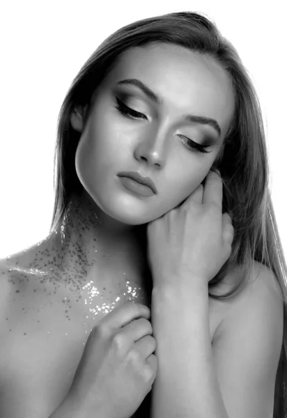 Closeup Beauty Shot Sad Blond Model Posing Professional Makeup Glitter — Stock Photo, Image