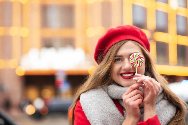 Lovely Cheerful Woman Dressed Red Coat Warm Scarf Holding Caramel — Stock Photo, Image