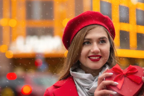 Positive Blond Woman Wears Red Beret Coat Holding Heart Shaped — Stock Photo, Image