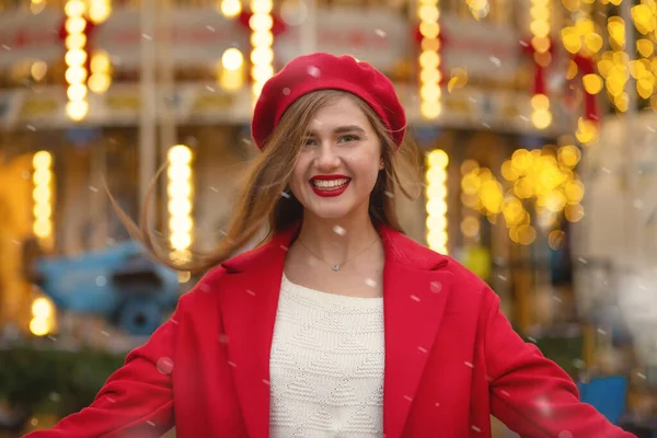 Cheerful Blond Woman Wears Red Beret Winter Coat Posing Carousel — Stock Photo, Image