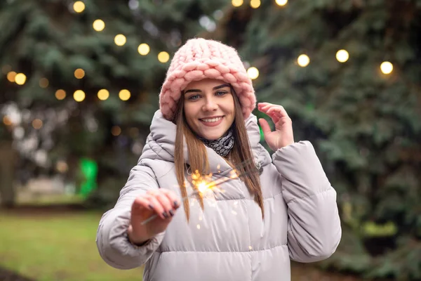 Happy Young Woman Wears Pink Knitted Hat Coat Having Fun — Stock Photo, Image