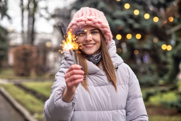 Cheerful Young Woman Wears Pink Knitted Hat Coat Having Fun — Stock Photo, Image