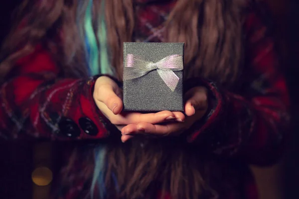 Woman Hands Holding Gift Box Bow Street Evening — Stock Photo, Image