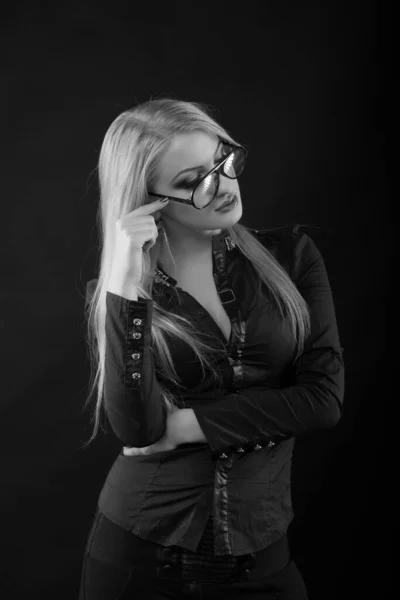 Amazing Blond Woman Long Hair Wears Glasses Blouse Posing Studio — Stock Photo, Image