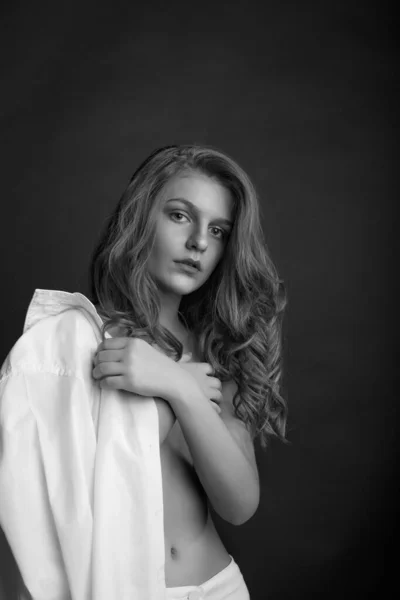 Fabulous Young Model Wears White Men Shirt Posing Naked Shoulders — Stock Photo, Image