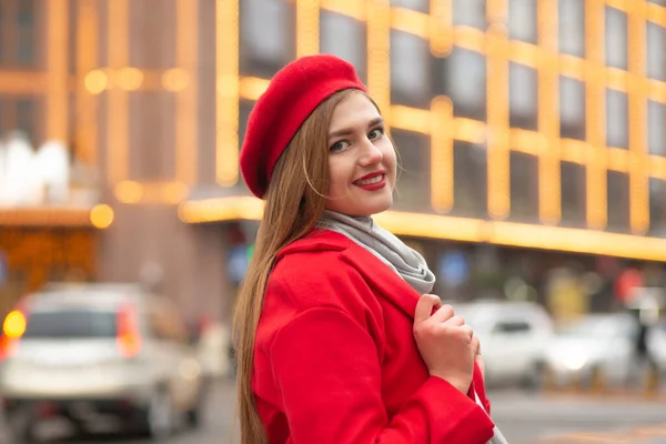 Merry Young Woman Red Coat Walking Street Fair — Stock Photo, Image