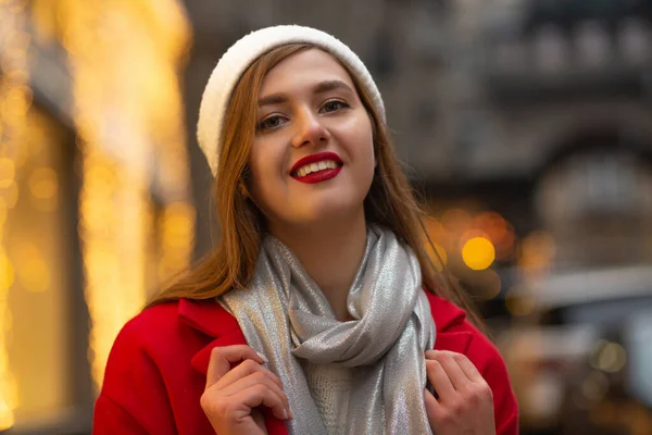 Stylish Young Woman Red Coat Walking Street Fair — Stock Photo, Image