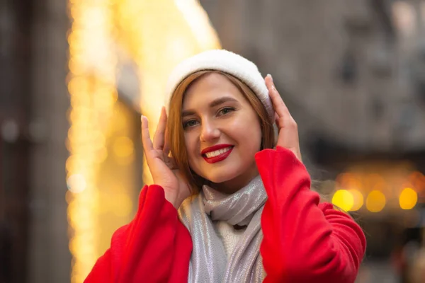 Splendid Young Woman Red Coat Walking Street Fair — Stock Photo, Image
