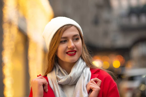 Amazing Young Woman Red Coat Walking Street Fair — Stock Photo, Image