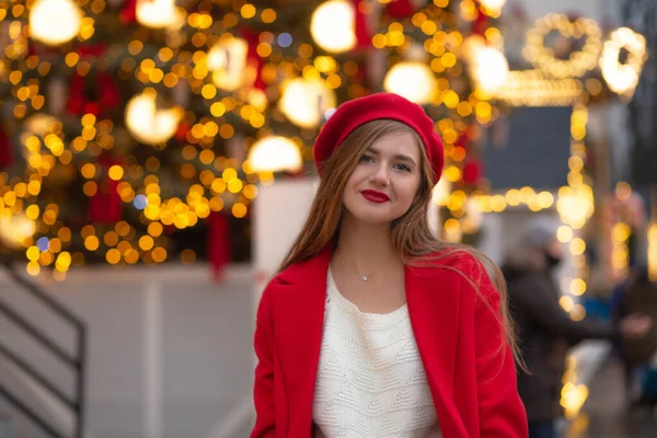 Smiling Young Woman Red Coat Walking Street Fair Empty Space — Stock Photo, Image