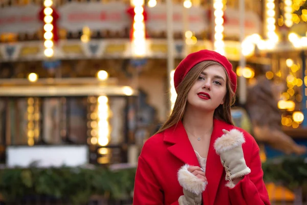 Stunning Young Woman Red Coat Walking Street Fair Empty Space — Stock Photo, Image