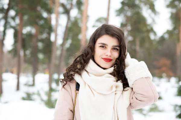 Cheerful Brunette Woman Long Hair Wears Coat Winter Space Text — Stock Photo, Image