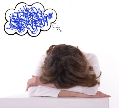 Young tired woman student sleeping on the desk clipart
