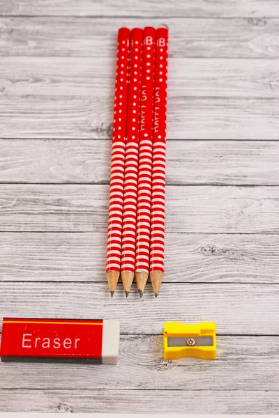 Pencils erasure and sharpener — Stock Photo, Image
