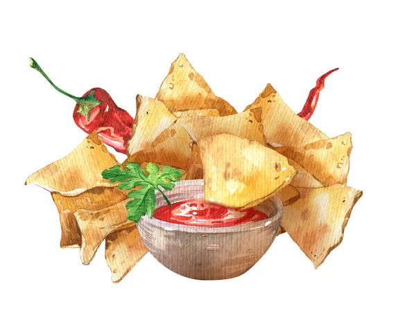 Nachos acuarela y salsa salsa. Comida tradicional mexicana . —  Fotos de Stock