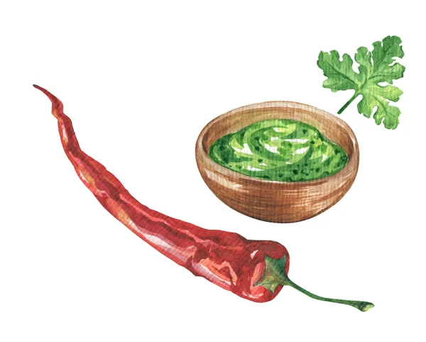 Aquarell Guacamole Sauce und Chilipfeffer. Traditionelle mexikanische Küche. — Stockfoto