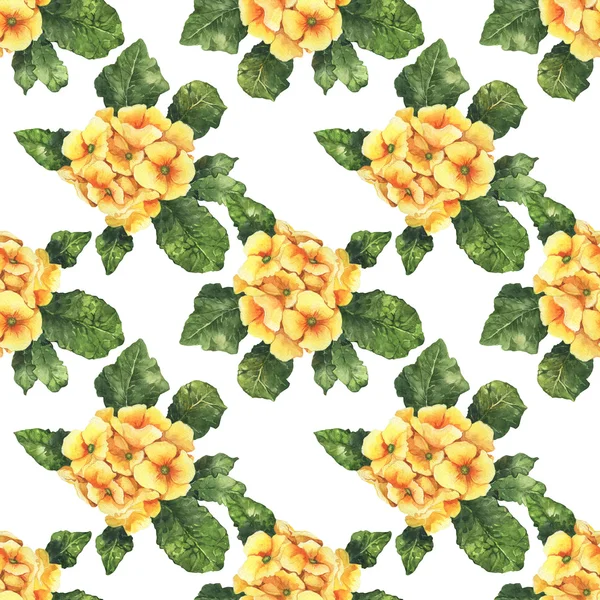Watercolor colorful spring and summer flowers seamless pattern with yellow primula — Stock Photo, Image