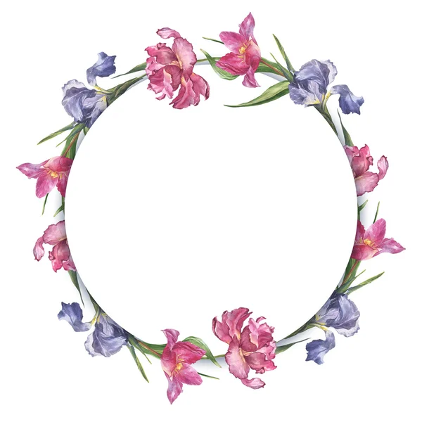 Акварель барвиста кругла рамка ручної роботи з рожевим тюльпаном та квітами ірису — стокове фото