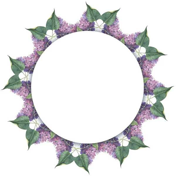 Aquarel kleurrijke handgemaakte ronde frame instellen met lila bloemen — Stockfoto