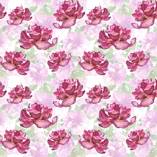 Watercolor colorful spring and summer flowers seamless pattern with pink tulips — Stock Photo, Image