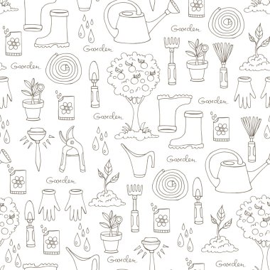 Vector pattern with hand drawn garden tools on white color clipart