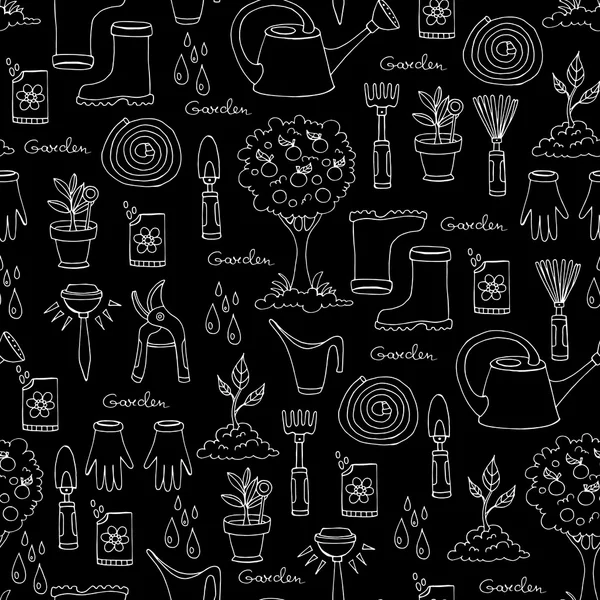Векторный узор с ручным рисованием садовых инструментов на черный цвет — стоковый вектор