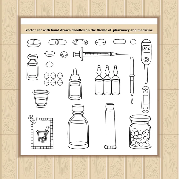 Vector set with hand drawn doodles on the theme of pharmacy and — Stock Vector