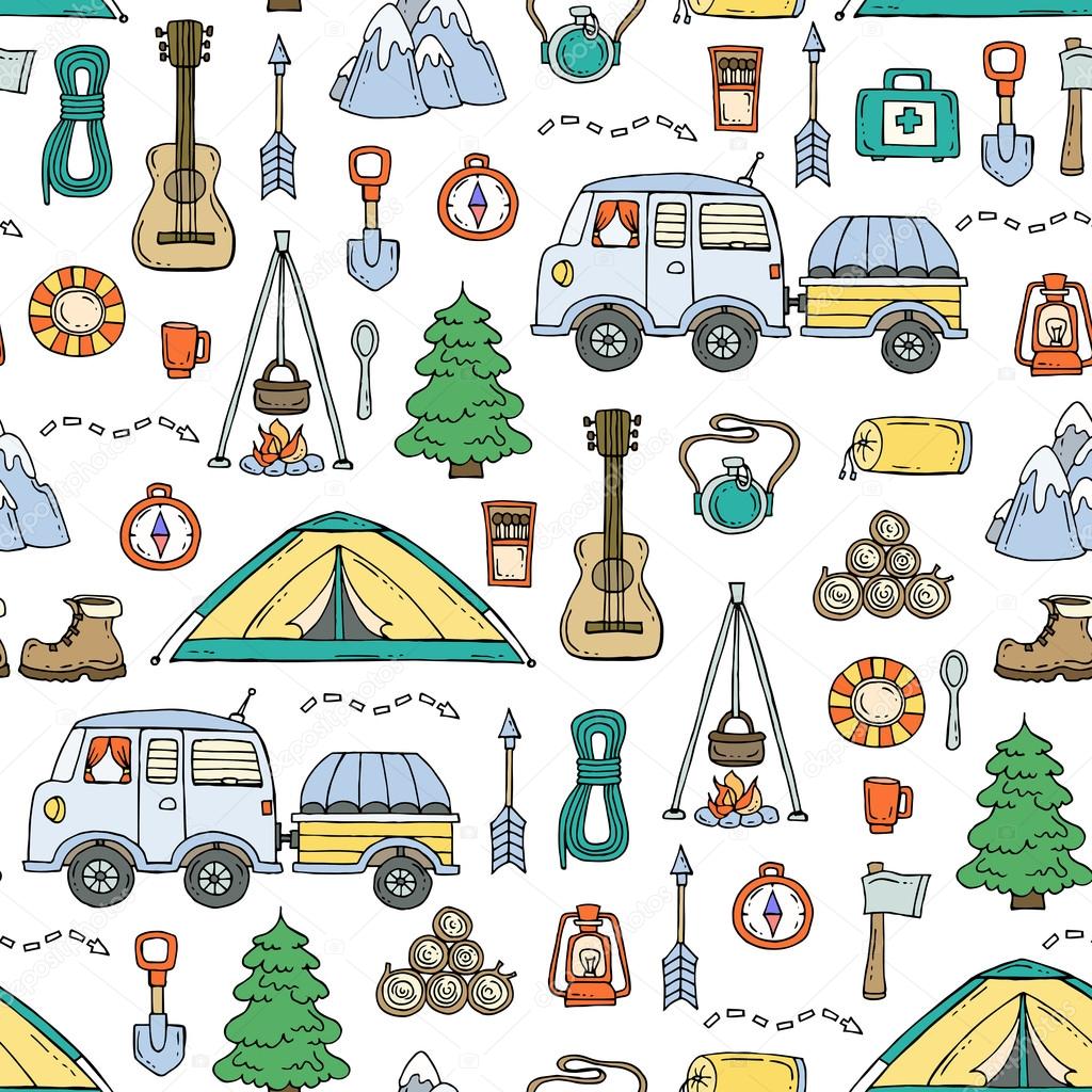 Vector pattern with hand drawn isolated symbols of tourism