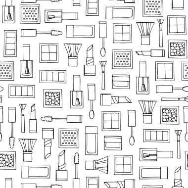 Beyaz renk üzerinde elle çizilmiş dekoratif kozmetik ile Vektör dikişsiz desen