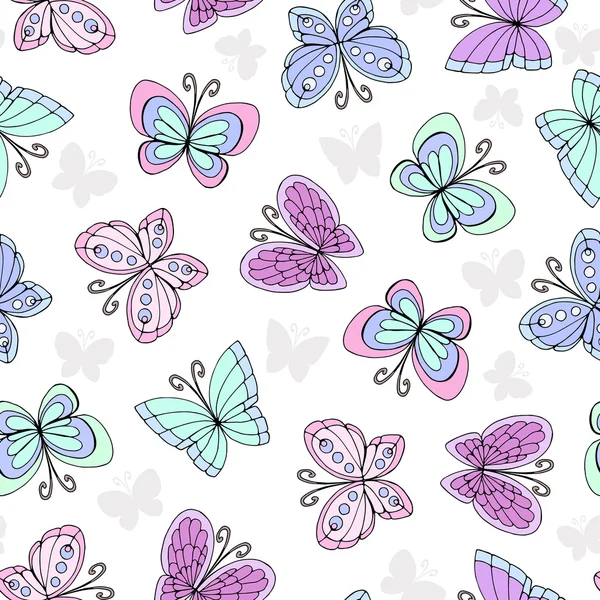 Modèle sans couture vectoriel avec des papillons colorés dessinés à la main — Image vectorielle