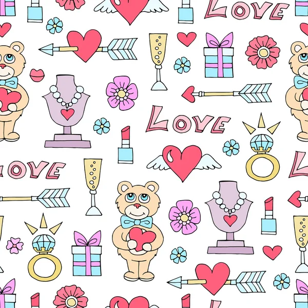 Vector seamless pattern with hand drawn colored symbols of love — Stock Vector